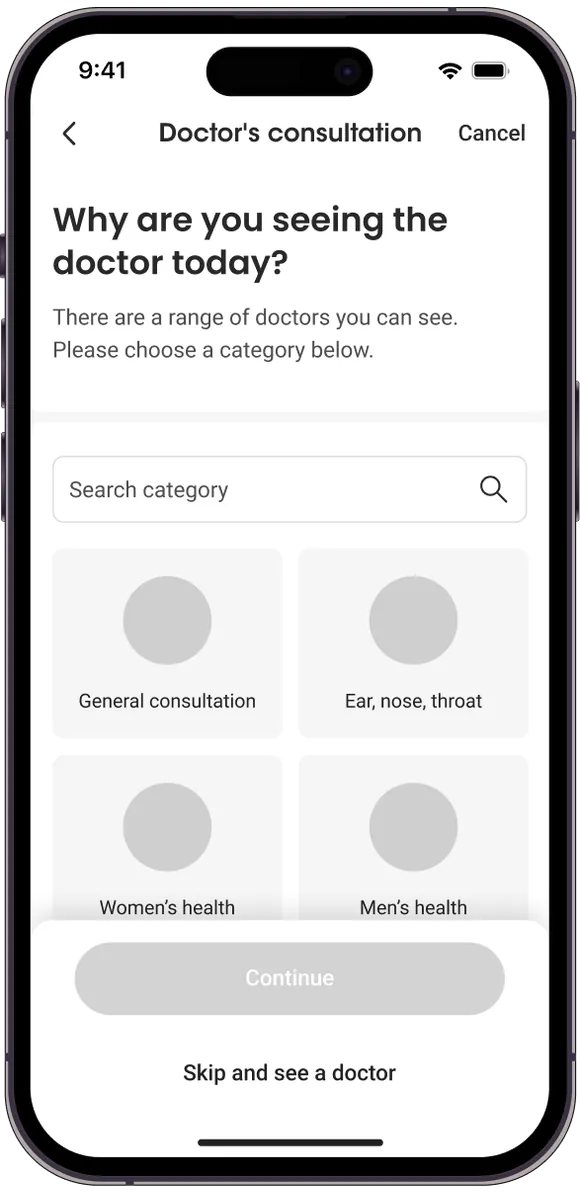 Tested screen: consultation categories including Ear, nose, throat and Women's health