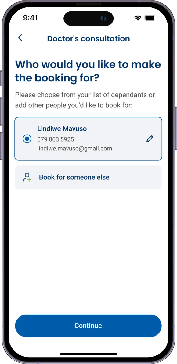 Redesigned screen: who would you like to make the booking for, with Book for someone else
