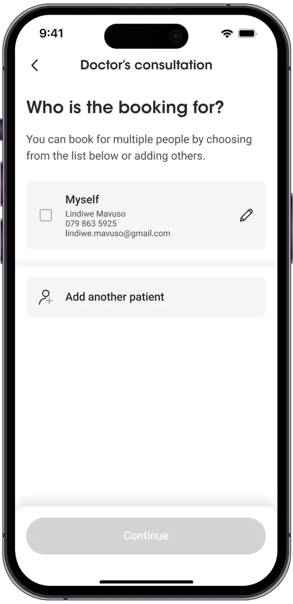 Tested screen: who is the booking for, with Myself and Add another patient