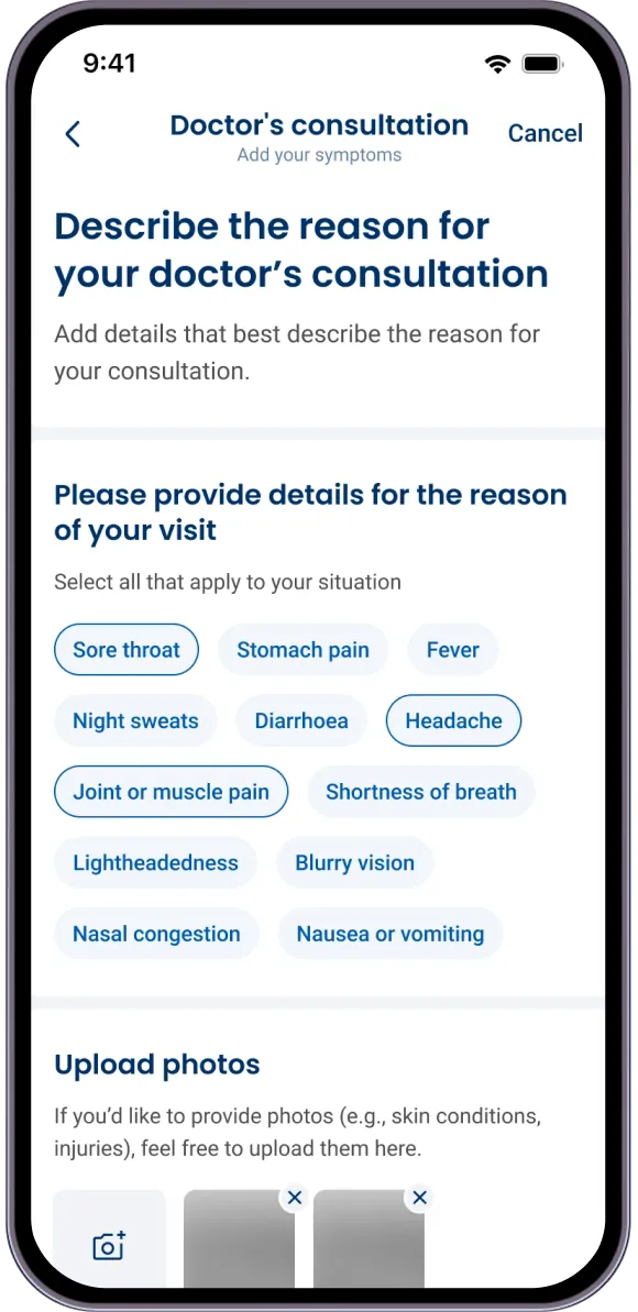 Redesigned screen: describe the reason for your doctor's consultation