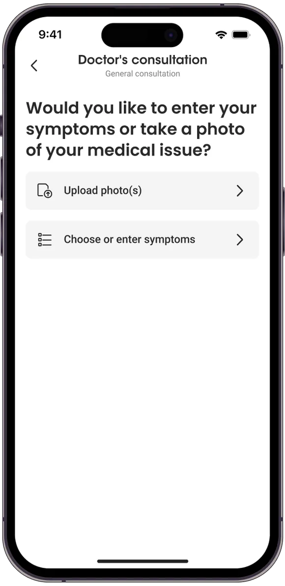 Tested screen: enter symptoms or upload a photo, before a doctor is chosen