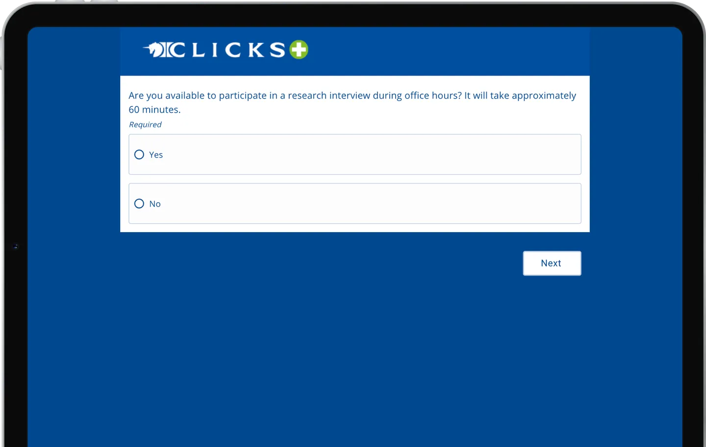 The screener as Clicks customers received it