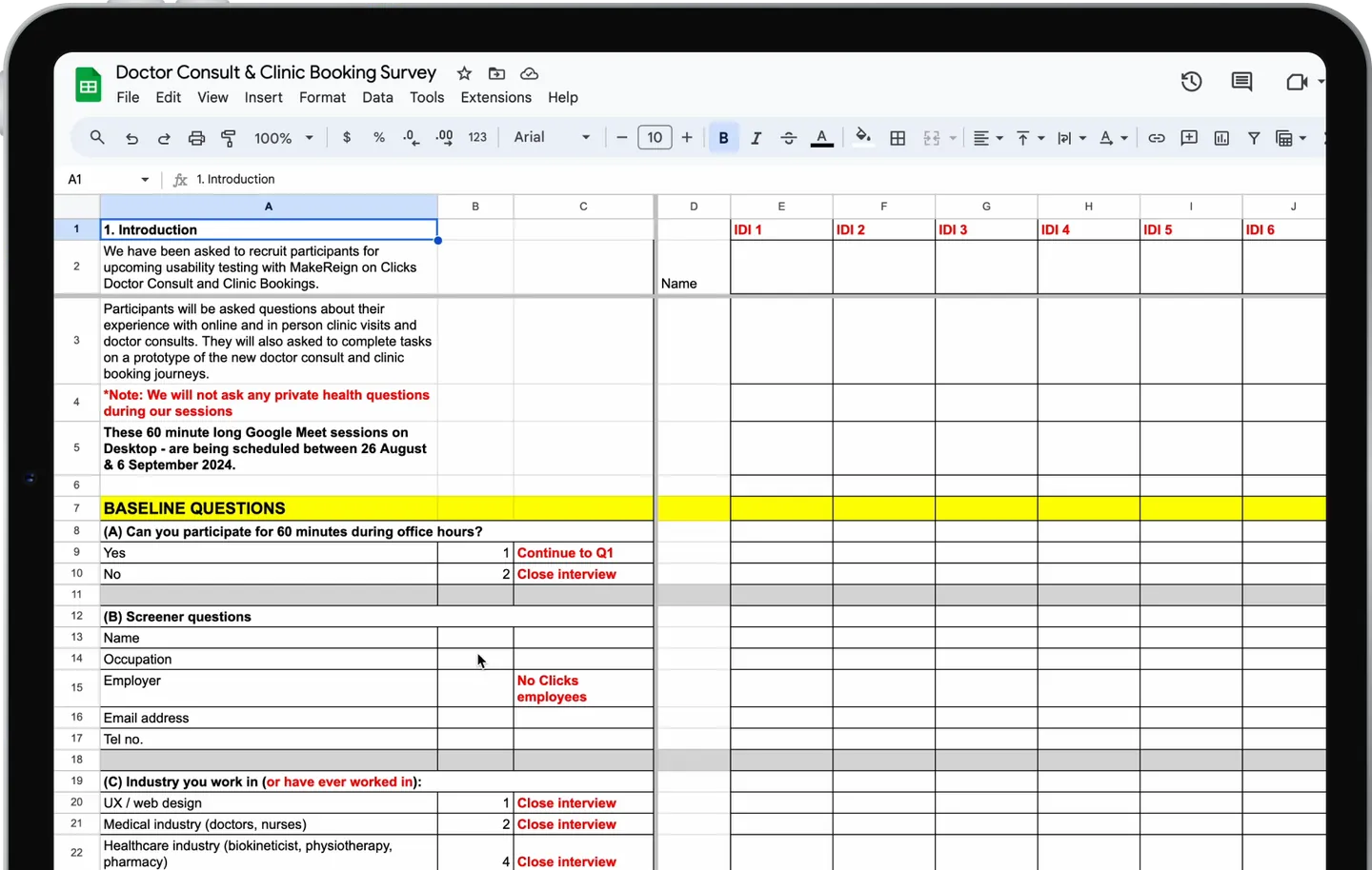 The screener, with close-out rules for each answer