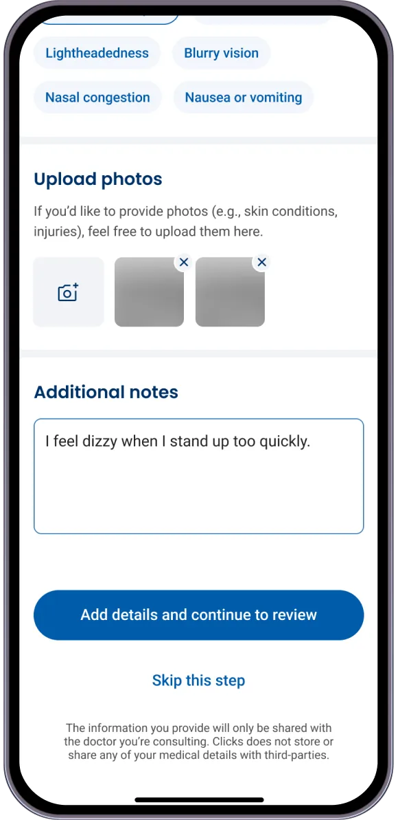 Redesigned screen: additional notes, with an option to skip the step
