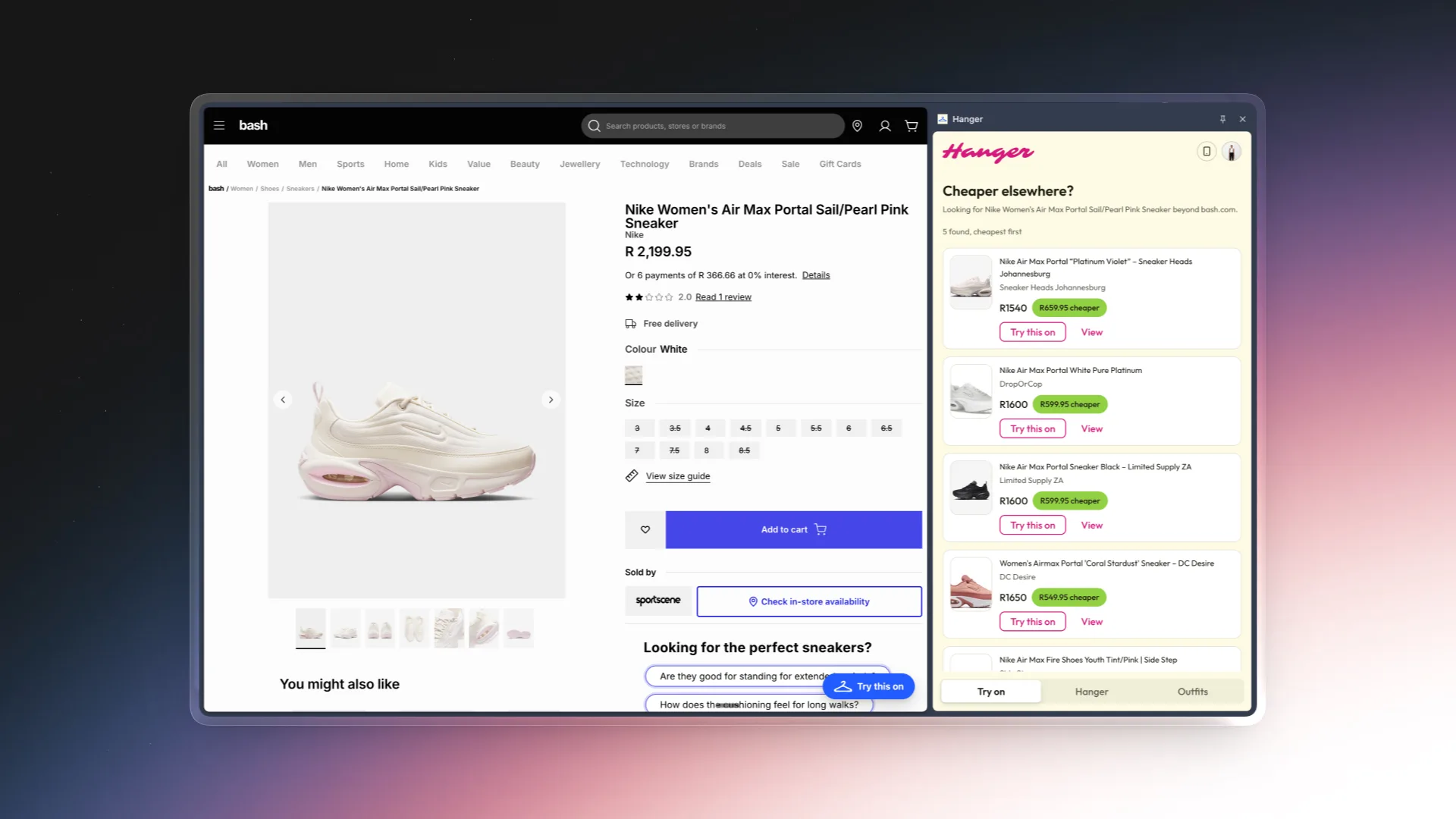 Hanger beside a Nike sneaker on bash, listing the same shoe for less at other shops