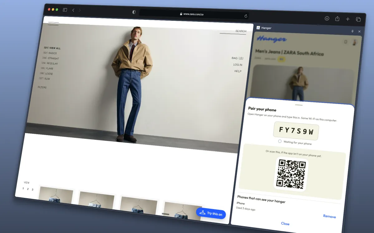 Hanger in a browser side panel beside a Zara product page, showing a pairing code and QR code for your phone