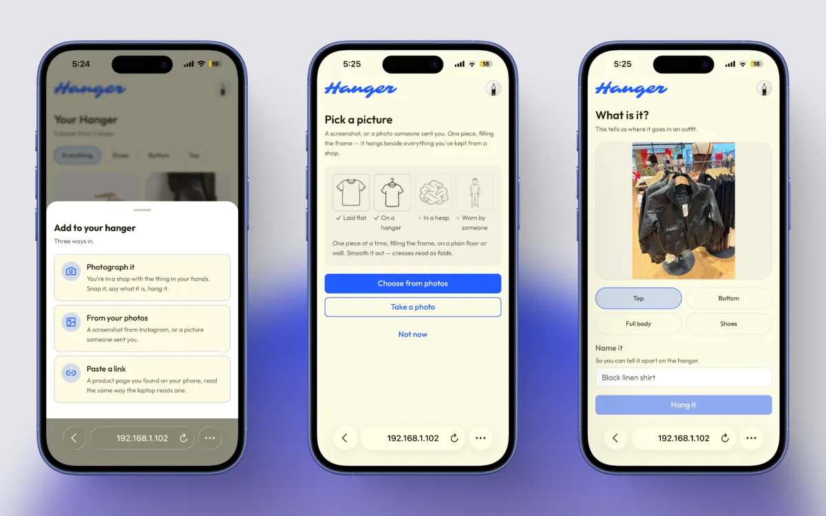 Three phone screens: Add to your hanger, Pick a picture, and What is it? with a black linen shirt