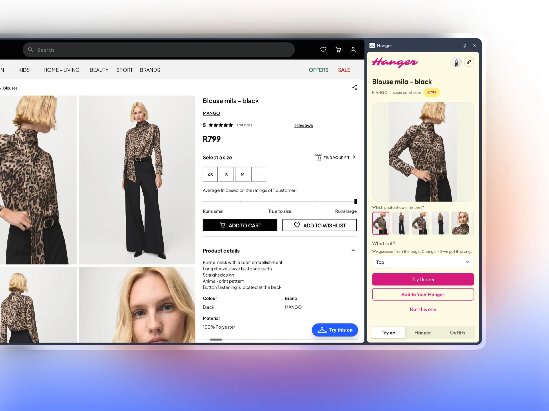 Hanger beside a Mango blouse on Superbalist, picking a photo and guessing it is a top, with Try this on