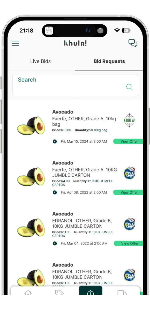 The old Bid Requests screen, a list of avocado offers