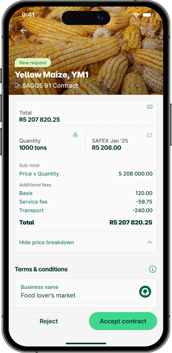 Contract detail for yellow maize: total, quantity, fees and terms