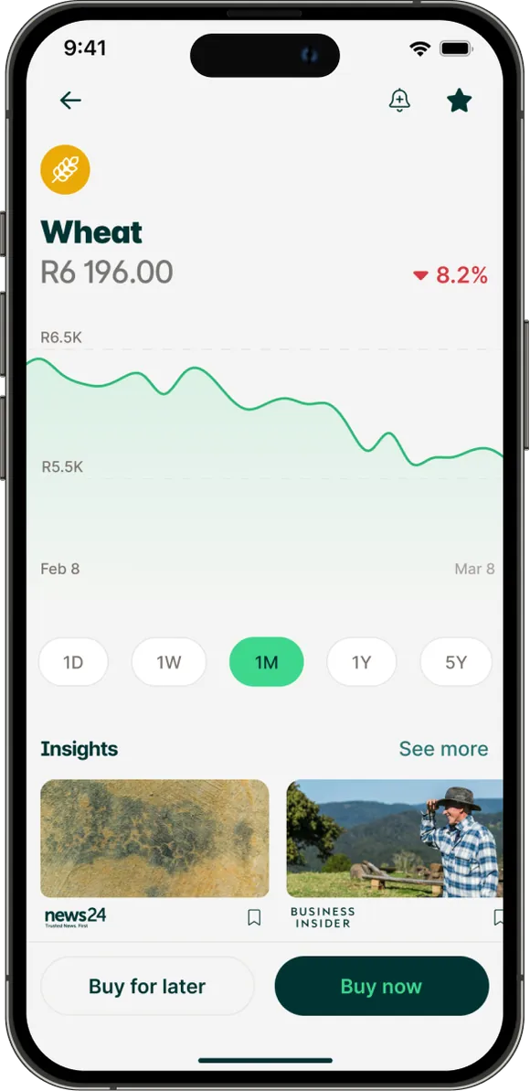 Wheat price detail with a one-month chart and market insights