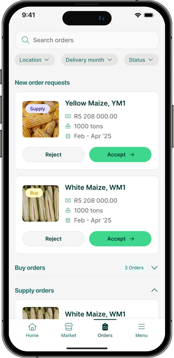 Orders page: new order requests for yellow and white maize, with accept and reject