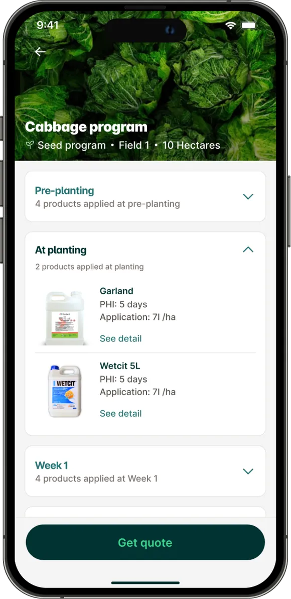 Cabbage program: stages from pre-planting to week 1, with products at planting