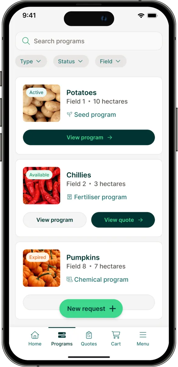 Programs page: potatoes, chillies and pumpkins programs with status tags