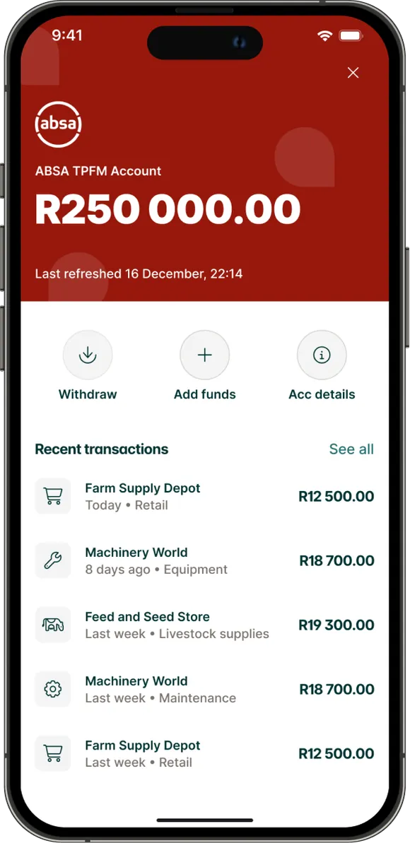 A linked bank account with withdraw, add funds and recent transactions