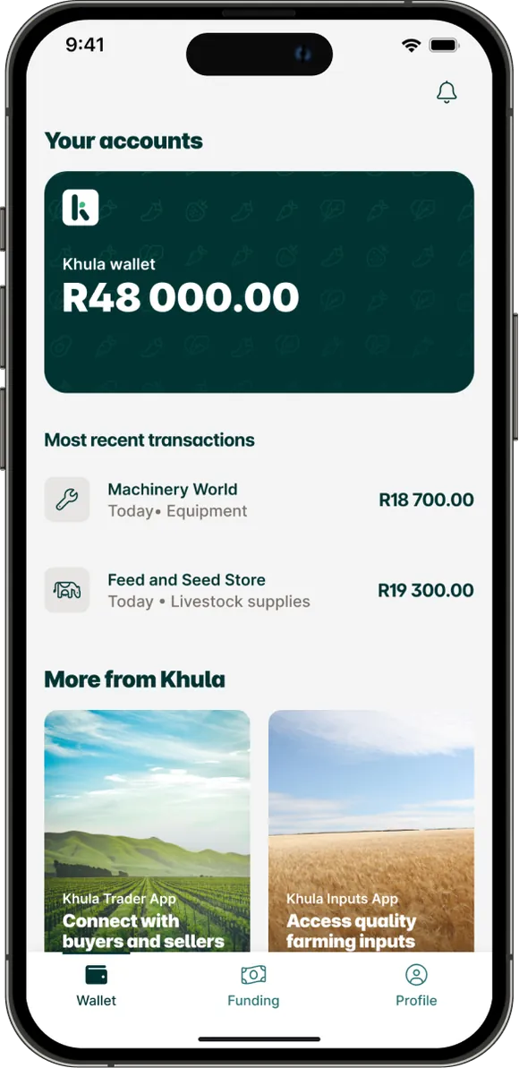 Khula wallet with balance, recent transactions and links to the other apps