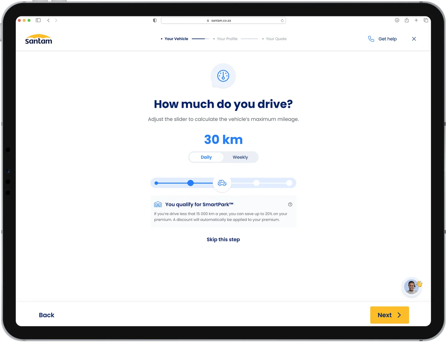 How much do you drive: a mileage slider showing SmartPark eligibility