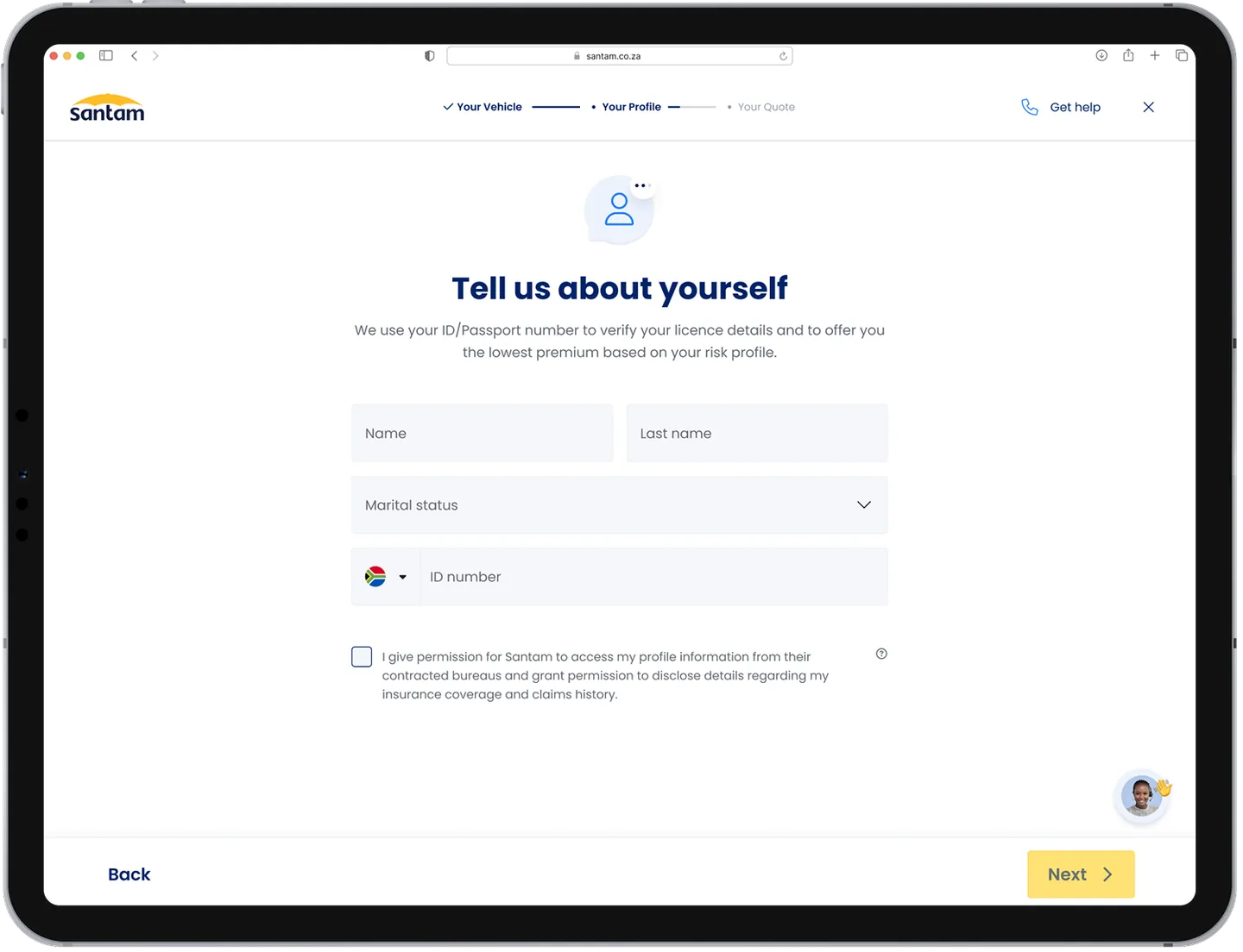 Tell us about yourself: name, marital status and ID number, with a consent note