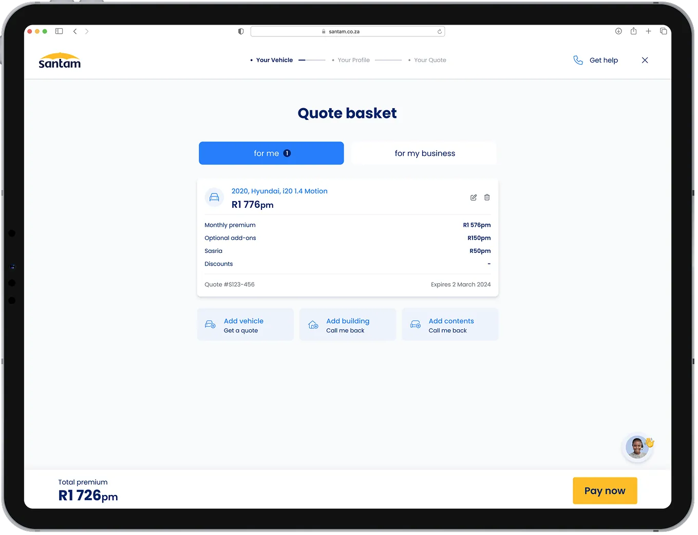 Quote basket with a vehicle quote and options to add a building or contents