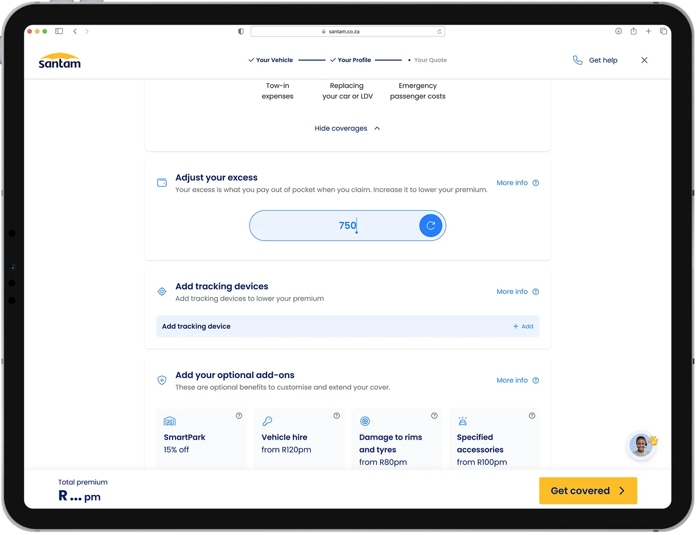 Quote screen: adjust your excess, add tracking devices and optional add-ons