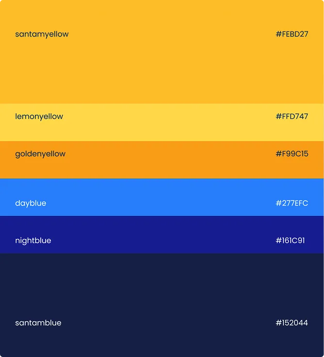 Santam palette: santamyellow #FEBD27, lemonyellow #FFD747, goldenyellow #F99C15, dayblue #277EFC, nightblue #161C91, santamblue #152044