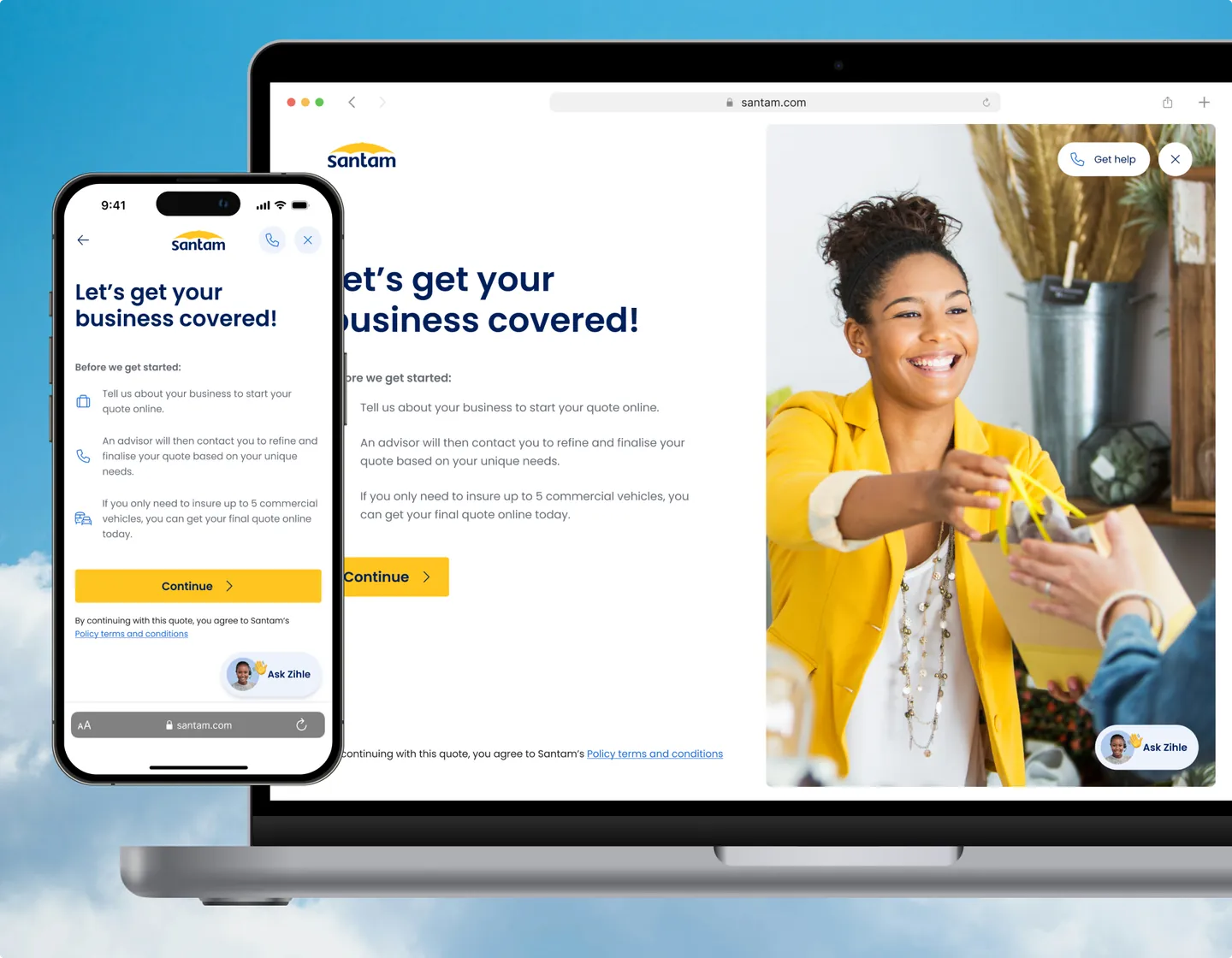 The Santam web quote journey on a laptop and a phone